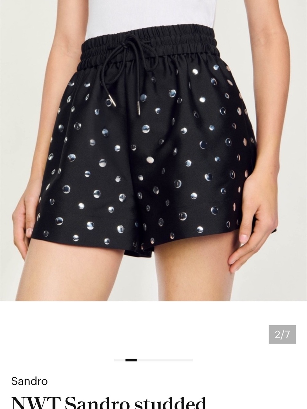 Sandro Black High-Waist Drawstring Shorts with Silver Stud Accents - Picture 3 of 11